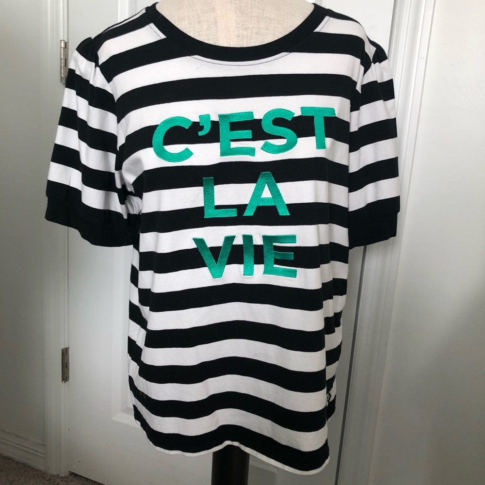 Karl Lagerfeld C'EST LA VIE Black & White Striped Tee with Green Lettering